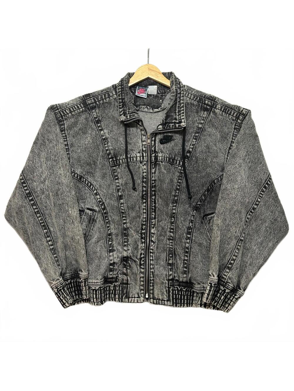 VTG 80's Nike Challenge Court Andre Aggasi Black Acid Wash Denim Zip Up Jacket L